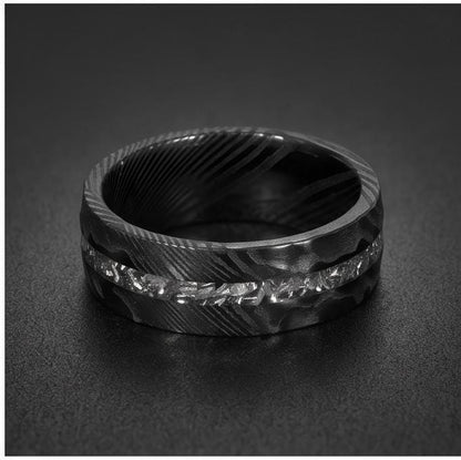 Meteorite Ring, Hammered Damascus Ring, Hammered Black Ring, Black Wedding Ring, Mens Wedding Band, Anniversary Ring, 8mm Rin