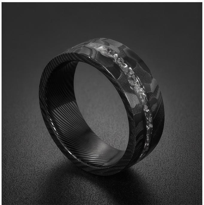 Meteorite Ring, Hammered Damascus Ring, Hammered Black Ring, Black Wedding Ring, Mens Wedding Band, Anniversary Ring, 8mm Rin