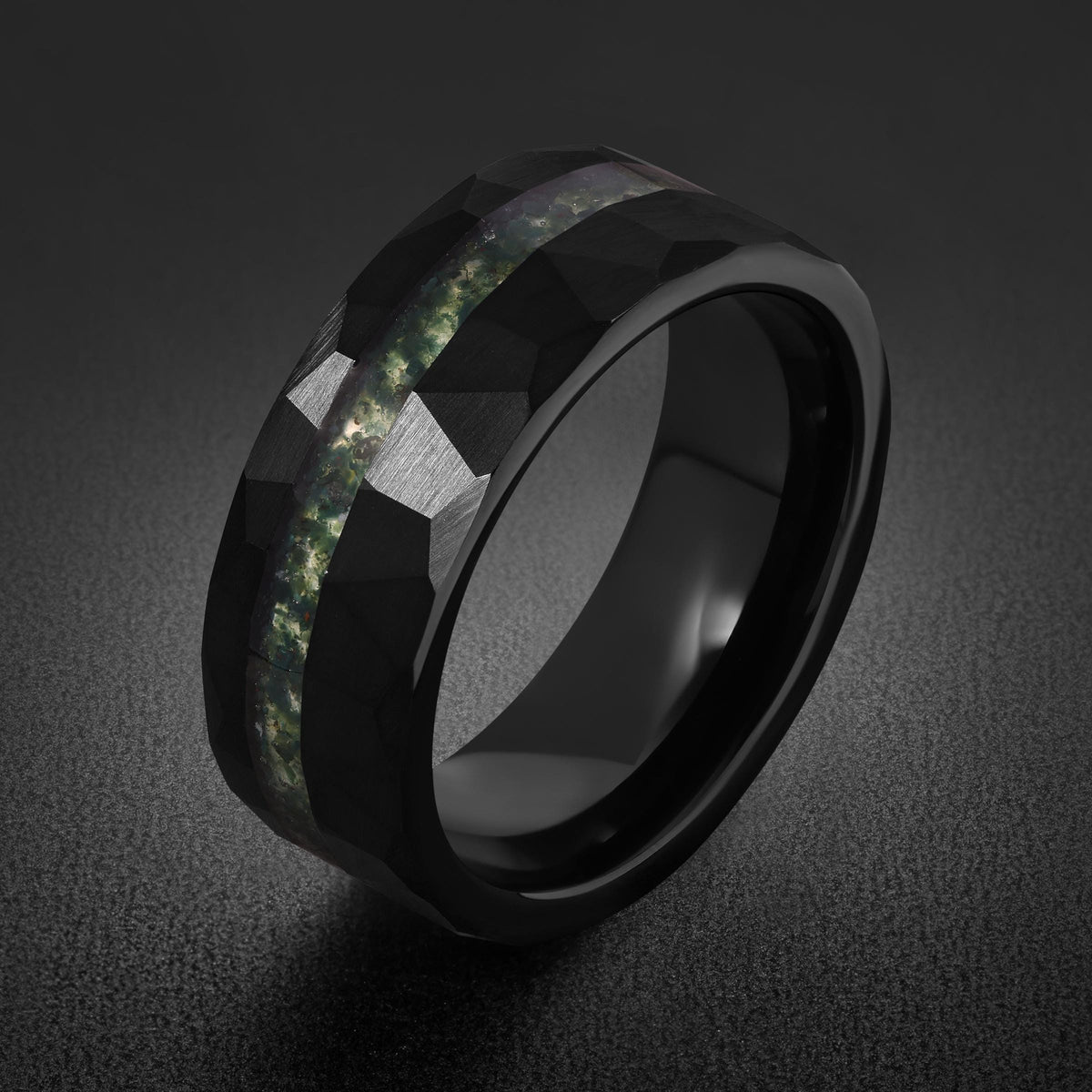 Moss Agate Ring, Hammered Tungsten Ring, Hammered Black Ring, Black Wedding Ring, Mens Wedding Band, Mens Ring, Anniversary R