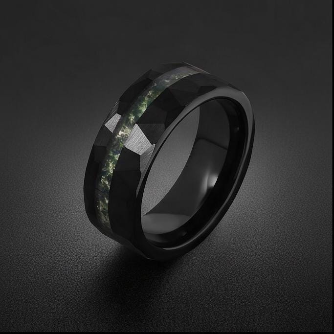 Moss Agate Ring, Hammered Tungsten Ring, Hammered Black Ring, Black Wedding Ring, Mens Wedding Band, Mens Ring, Anniversary R