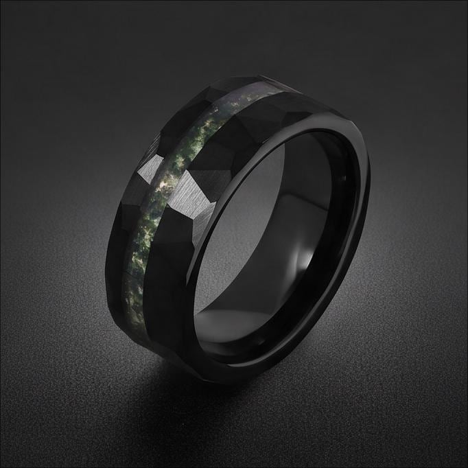 Moss Agate Ring, Hammered Tungsten Ring, Hammered Black Ring, Black Wedding Ring, Mens Wedding Band, Mens Ring, Anniversary R