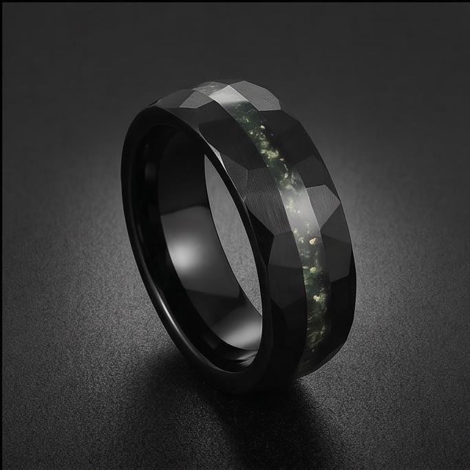 Moss Agate Ring, Hammered Tungsten Ring, Hammered Black Ring, Black Wedding Ring, Mens Wedding Band, Mens Ring, Anniversary R
