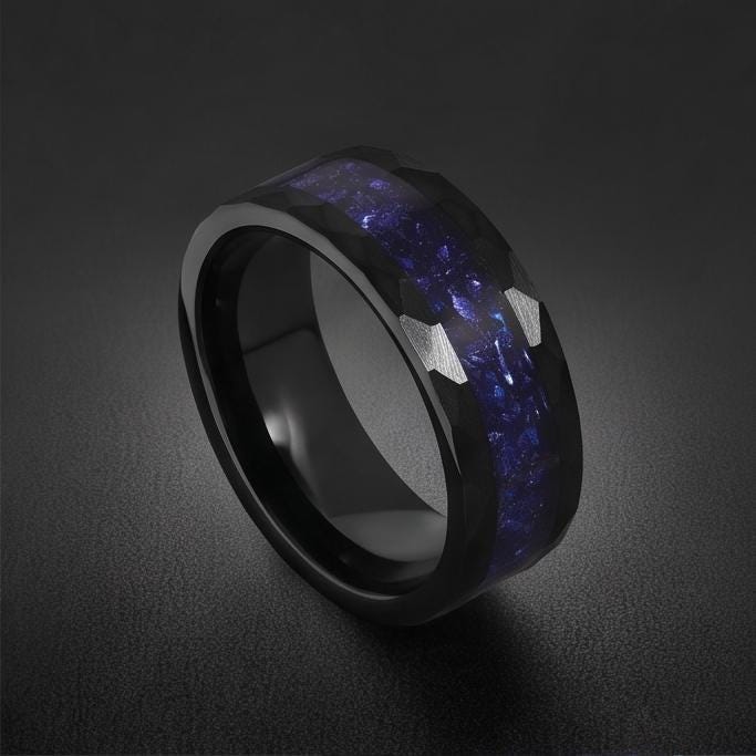 Sapphire Hammered Black Tungsten Ring for Men ~ Mens Wedding Band ~ Thick Dark Ring ~ Steampunk Jewelry ~ Promise Ring for He