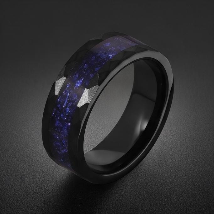 Sapphire Hammered Black Tungsten Ring for Men ~ Mens Wedding Band ~ Thick Dark Ring ~ Steampunk Jewelry ~ Promise Ring for He