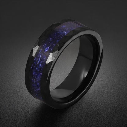 Sapphire Hammered Black Tungsten Ring for Men ~ Mens Wedding Band ~ Thick Dark Ring ~ Steampunk Jewelry ~ Promise Ring for He