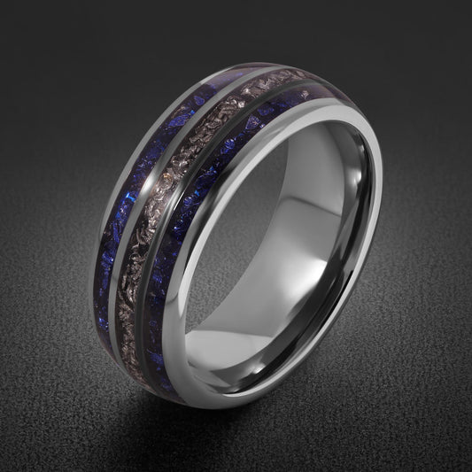 Mens Wedding Ring with Sapphire ~ Silver Tungsten Ring ~ Meteorite Ring for Men ~ Promise Ring for Him ~ 8 mm Polished Engage