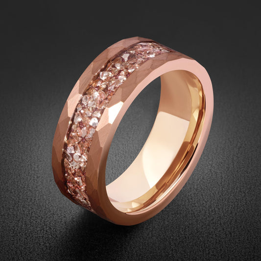 Rose Gold Tungsten Carbide Ring with Morganite Gemstone | Hammered 4mm Thin 8mm Thick Morganine Wedding Band ~ Personalized G