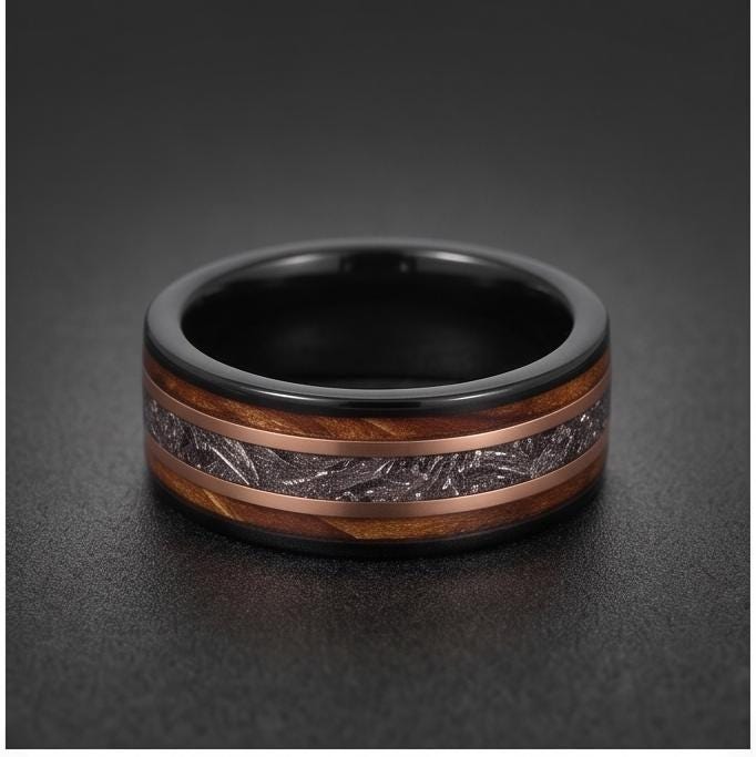 Meteorite Ring with Charred Whiskey Barrel, Black Tungsten Ring, Black Wedding Ring, Mens Wedding Band, Mens Ring, Anniversar