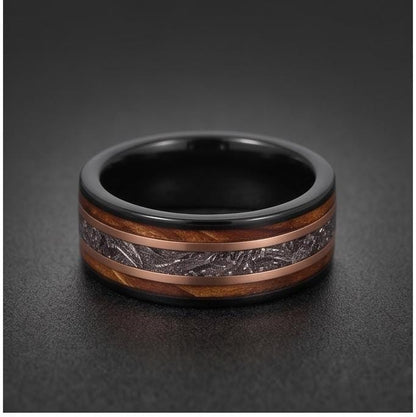Meteorite Ring with Charred Whiskey Barrel, Black Tungsten Ring, Black Wedding Ring, Mens Wedding Band, Mens Ring, Anniversar