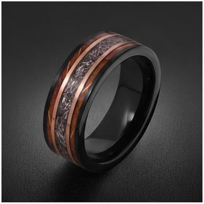 Meteorite Ring with Charred Whiskey Barrel, Black Tungsten Ring, Black Wedding Ring, Mens Wedding Band, Mens Ring, Anniversar