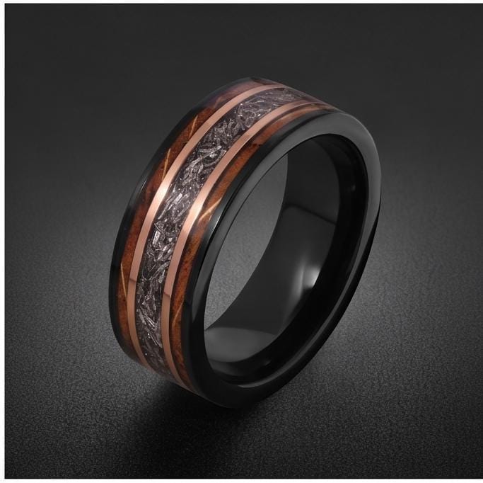 Meteorite Ring with Charred Whiskey Barrel, Black Tungsten Ring, Black Wedding Ring, Mens Wedding Band, Mens Ring, Anniversar