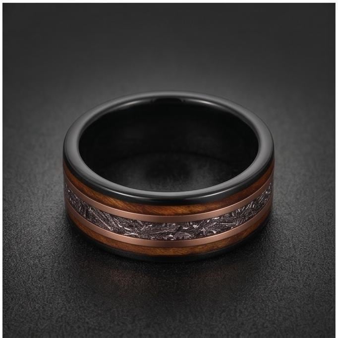Meteorite Ring with Charred Whiskey Barrel, Black Tungsten Ring, Black Wedding Ring, Mens Wedding Band, Mens Ring, Anniversar