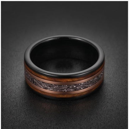 Meteorite Ring with Charred Whiskey Barrel, Black Tungsten Ring, Black Wedding Ring, Mens Wedding Band, Mens Ring, Anniversar