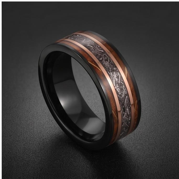 Meteorite Ring with Charred Whiskey Barrel, Black Tungsten Ring, Black Wedding Ring, Mens Wedding Band, Mens Ring, Anniversar