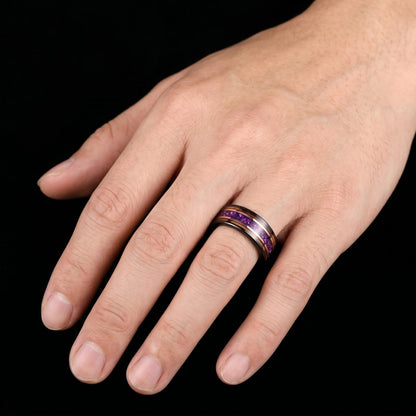 Black Amethyst Ring with Charred Whiskey Barrel ~ Rose Gold Strip Wedding Band ~ Nature Inspired Ring ~ Amethyst Wedding Band