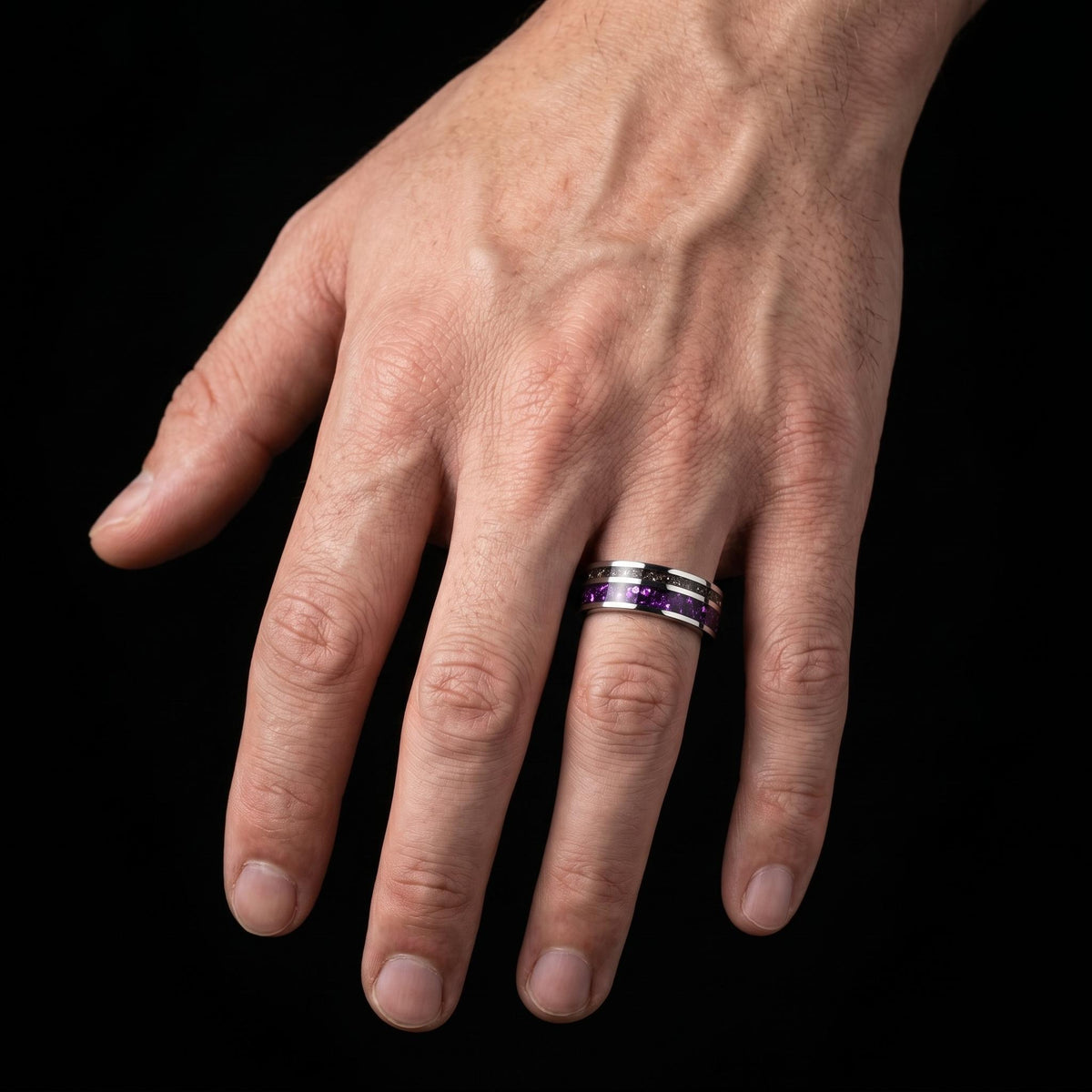 Tungsten Amethyst Meteorite Mens Ring ~ 8mm Silver Wedding Band ~ Purple Gem Ring for Him Anniversary Gift ~ Tungsten Men Pro