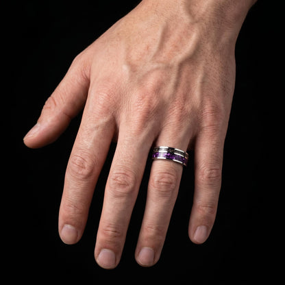 Tungsten Amethyst Meteorite Mens Ring ~ 8mm Silver Wedding Band ~ Purple Gem Ring for Him Anniversary Gift ~ Tungsten Men Pro