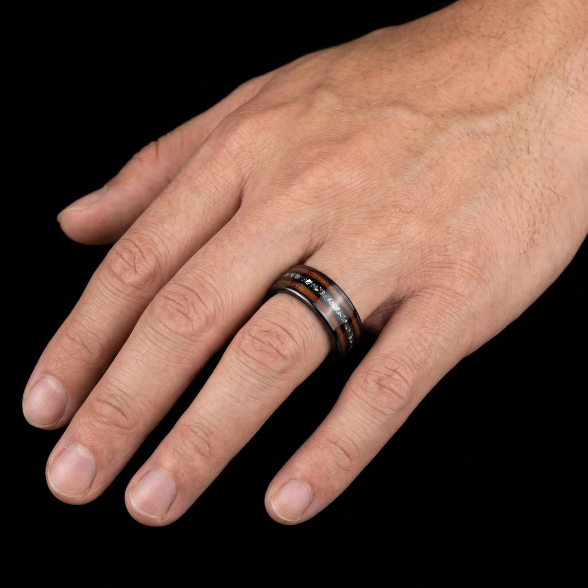Mens Meteorite Wedding Band ~ Mens Koa Wood Ring ~ Tungsten Carbide Wedding Ring ~ Anniversary Ring 8mm Thick ~ Black Hammere
