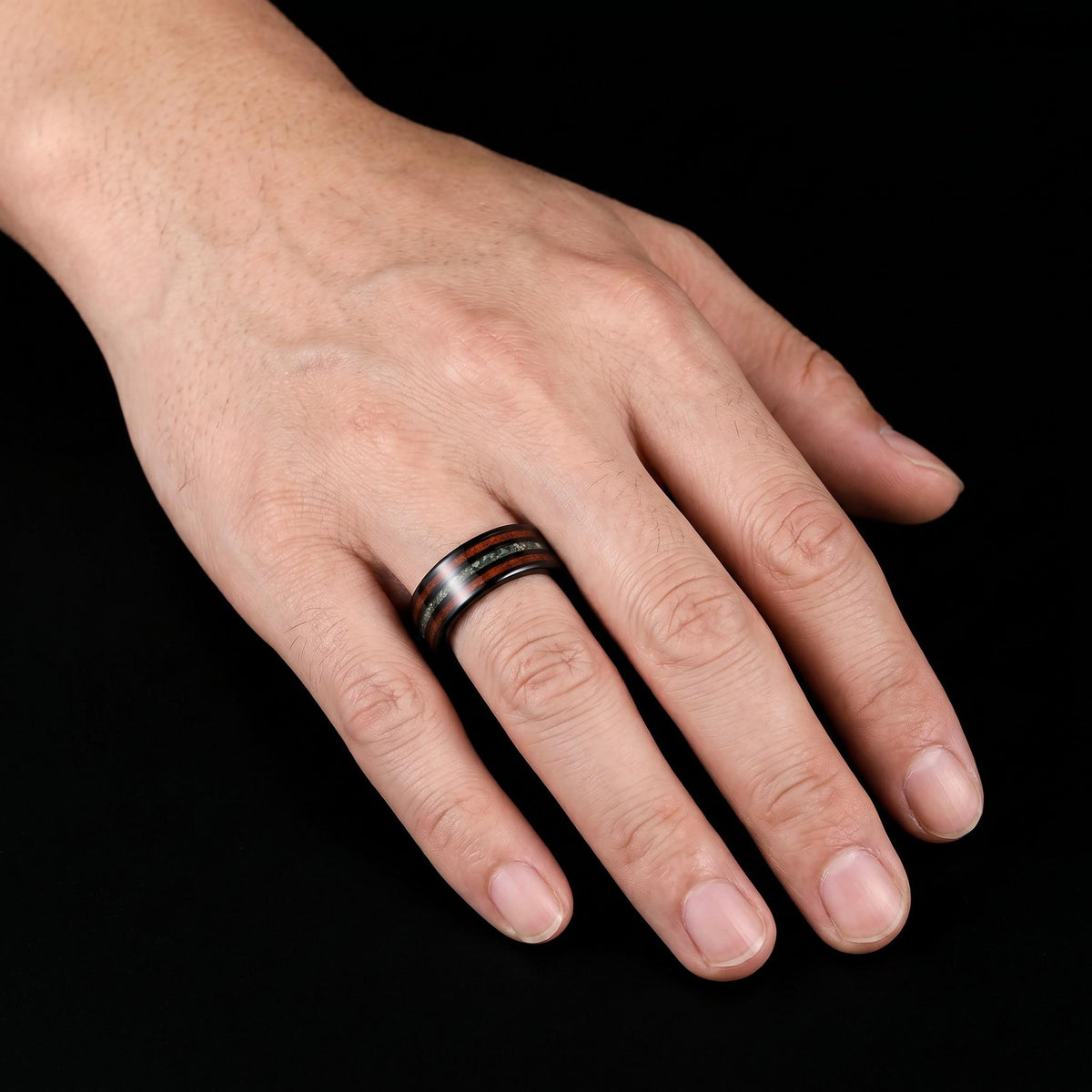 Men's Black Tungsten Ring with Moss Agate Koa Wood Inlay | 8mm Durable Men Wedding Band ~ Nature Inspired Gift for Him ~ 