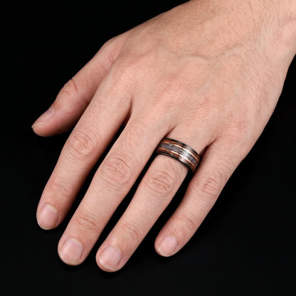 Meteorite Ring with Charred Whiskey Barrel, Black Tungsten Ring, Black Wedding Ring, Mens Wedding Band, Mens Ring, Anniversar