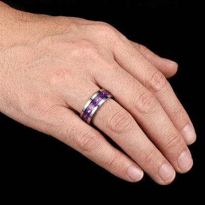 Alexandrite ring, silver tungsten ring, mens wedding band, womens wedding ring,anniversary gift,statement ring,comfort fit,4m