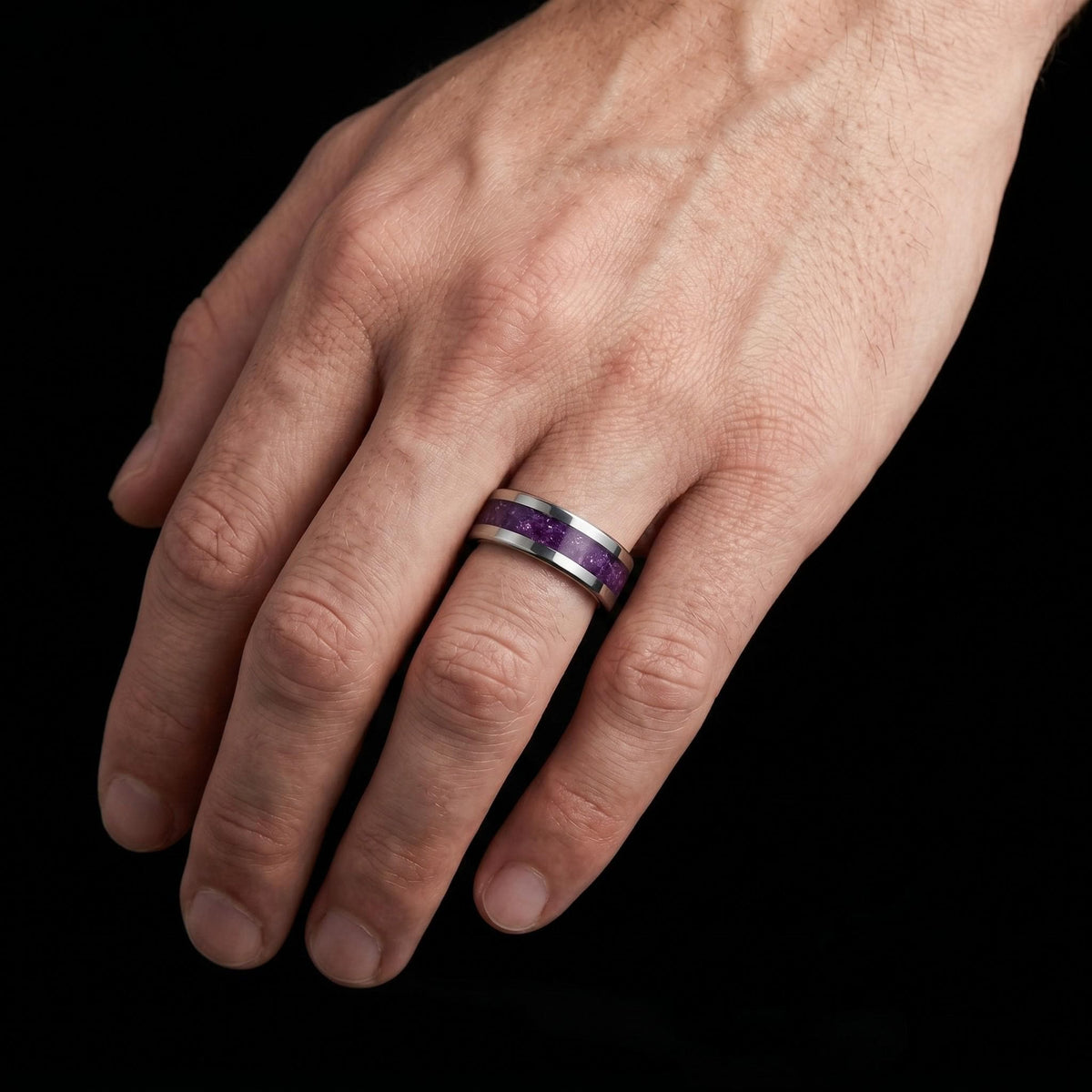 Silver Tungsten Ring with Amethyst | Purple Gemstone Statement Jewelry ~ Durable Everyday Band for Her, Unique Anniversary Gi