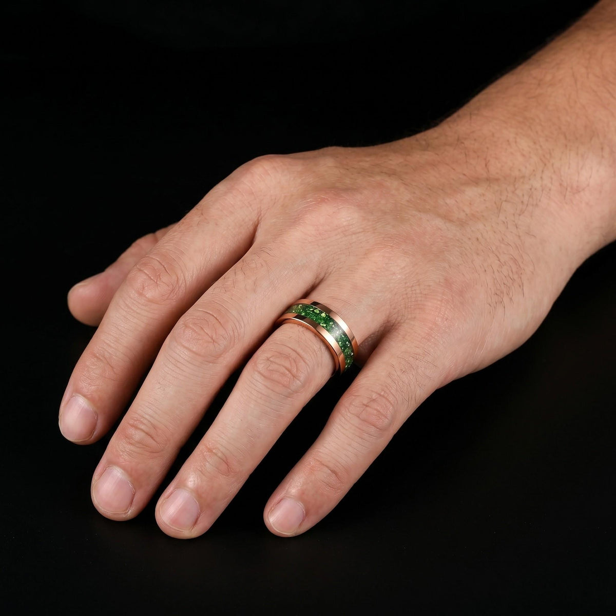 Moss Agate Gold Ring for Men ~ Nature Inspired Wedding Band ~ Green Moss Agate Ring - Unique Handcrafted Tungsten Jewelry Gif