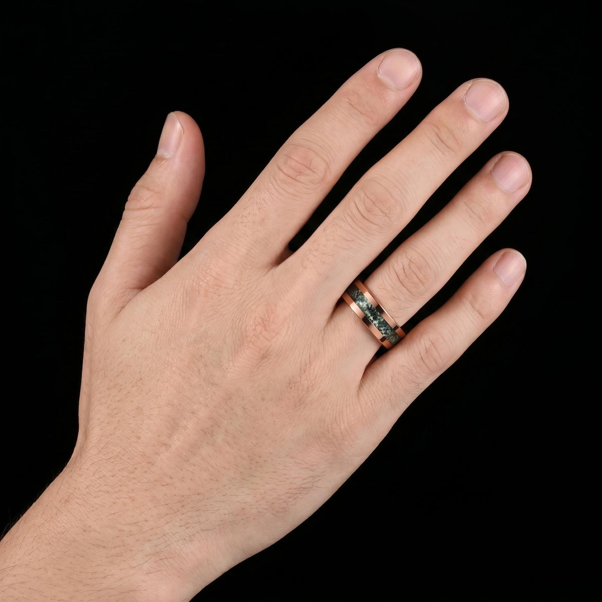 Moss Agate Ring, Rose Gold Tungsten Ring, Rose Gold Wedding Ring, Mens Wedding Band, Womens Ring, Anniversary Ring, Engagemen