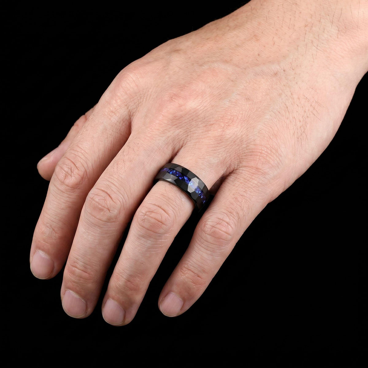 Black Sapphire Tungsten Ring | 8mm Hammered Mens Wedding Band ~ Sapphire Tungsten Carbide Ring - Black Sapphire Statement Jew
