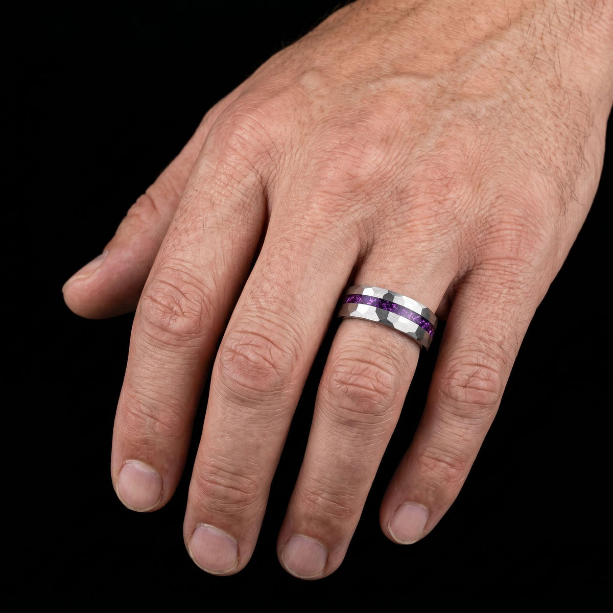 Men Silver and Purple Amethyst Ring ~ Hammered Tungsten Wedding Ring ~ Unisex Promise Ring ~ Men Wedding Band ~ Anniversary R