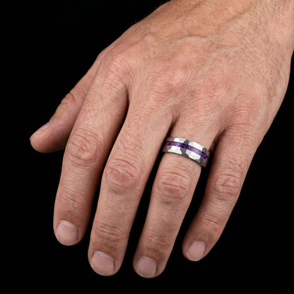 Men Silver and Purple Amethyst Ring ~ Hammered Tungsten Wedding Ring ~ Unisex Promise Ring ~ Men Wedding Band ~ Anniversary R