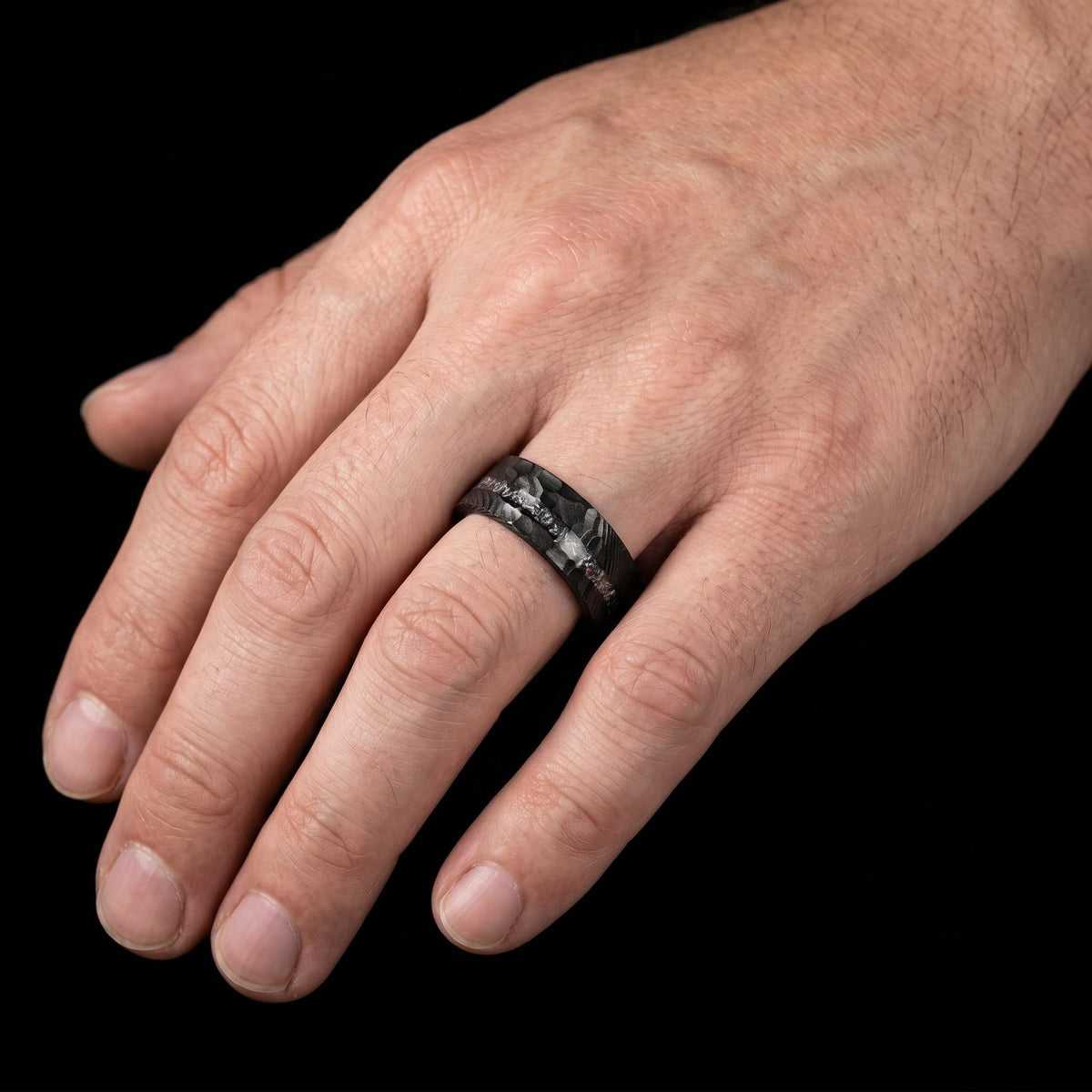 Meteorite Ring, Hammered Damascus Ring, Hammered Black Ring, Black Wedding Ring, Mens Wedding Band, Anniversary Ring, 8mm Rin