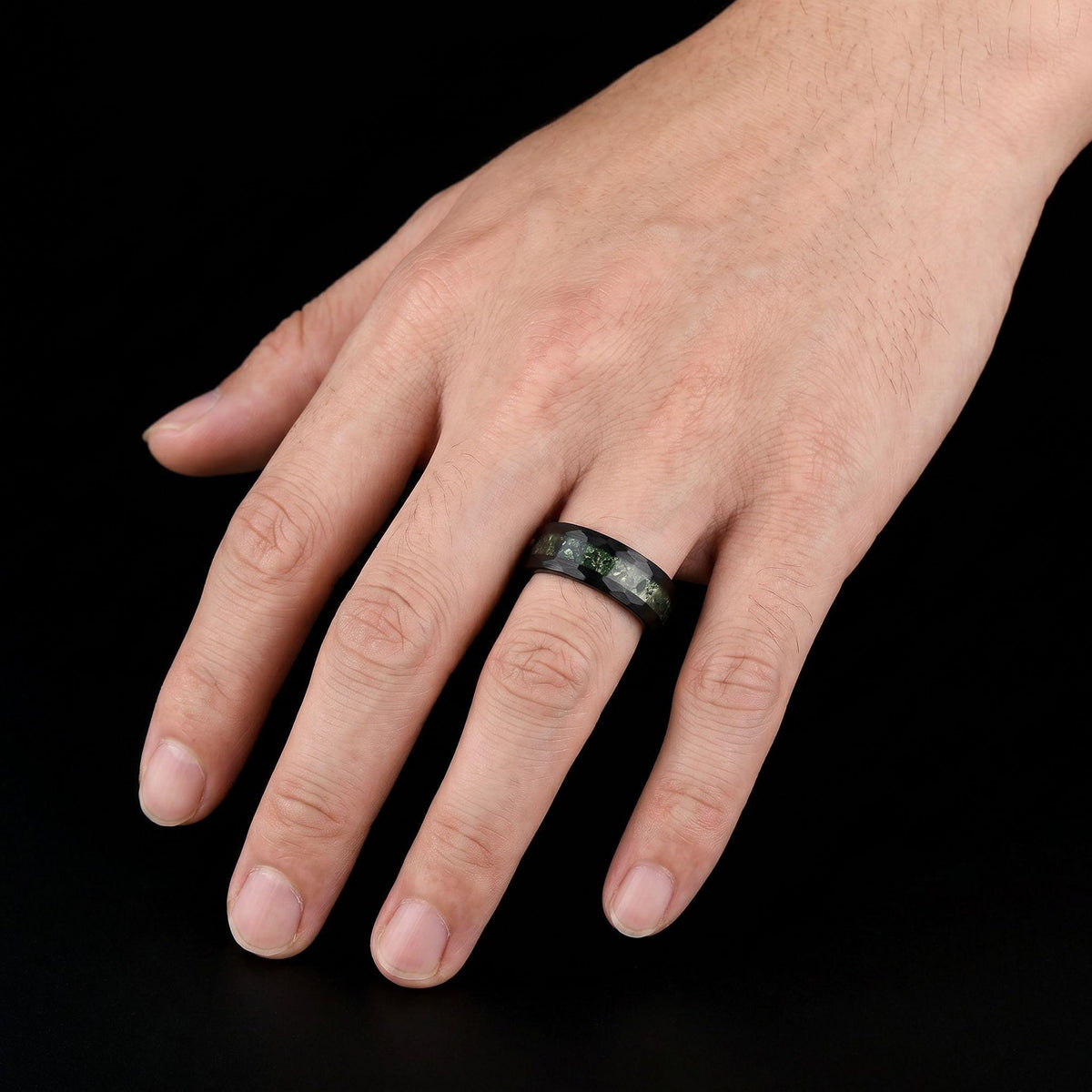 Moss Agate Ring, Hammered Tungsten Ring, Hammered Black Ring, Black Tungsten Ring, Black Wedding Ring, Mens Wedding Band, Wom