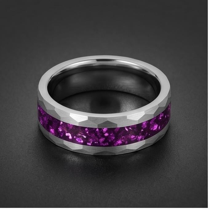 Amethyst Ring, Hammered Tungsten Ring, Hammered Silver Ring, Silver Tungsten Ring, Silver Wedding Ring, Anniversary Ring, Men