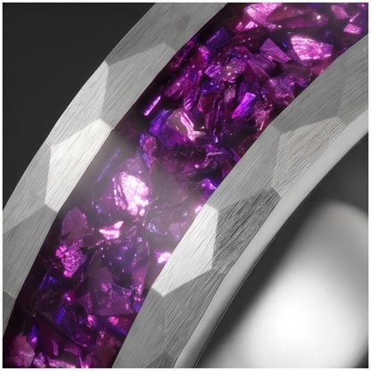Amethyst Ring, Hammered Tungsten Ring, Hammered Silver Ring, Silver Tungsten Ring, Silver Wedding Ring, Anniversary Ring, Men