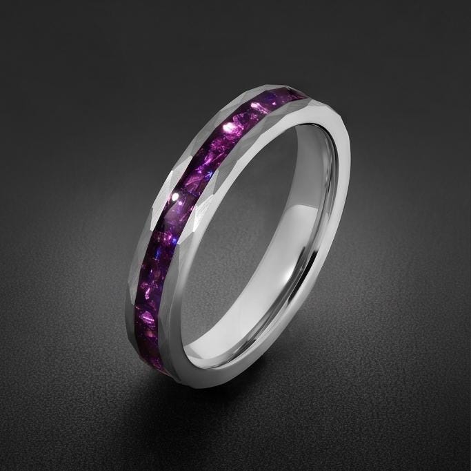 Amethyst Ring, Hammered Tungsten Ring, Hammered Silver Ring, Silver Tungsten Ring, Silver Wedding Ring, Anniversary Ring, Men