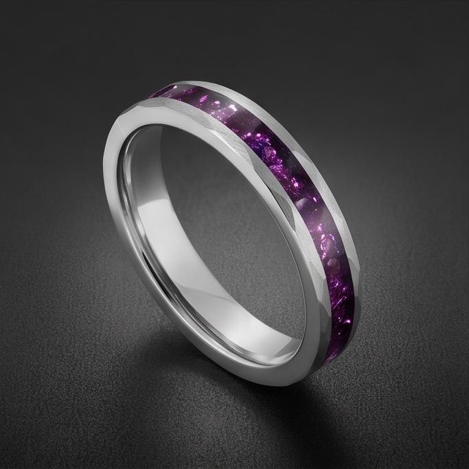 Amethyst Ring, Hammered Tungsten Ring, Hammered Silver Ring, Silver Tungsten Ring, Silver Wedding Ring, Anniversary Ring, Men