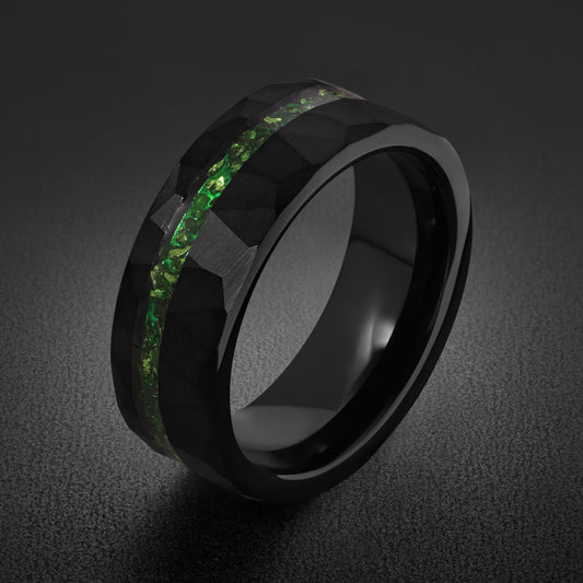 Mens Emerald Wedding Band ~ Black Emerald Wedding Ring ~ Tungsten Ring ~ Hammered Black Groom Ring Gift ~ Mens Promise & Enga