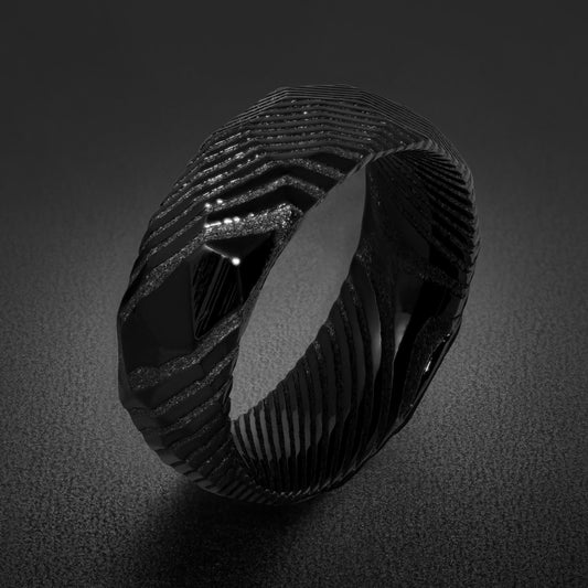 Hammered Black Damascus Ring for Men | Wavy Pattern Statement Ring ~ Mens Black Wedding Band ~ Hammered Black Ring ~ Festival