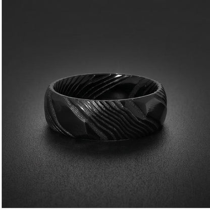Hammered Black Damascus Ring for Men | Wavy Pattern Statement Ring ~ Mens Black Wedding Band ~ Hammered Black Ring ~ Festival
