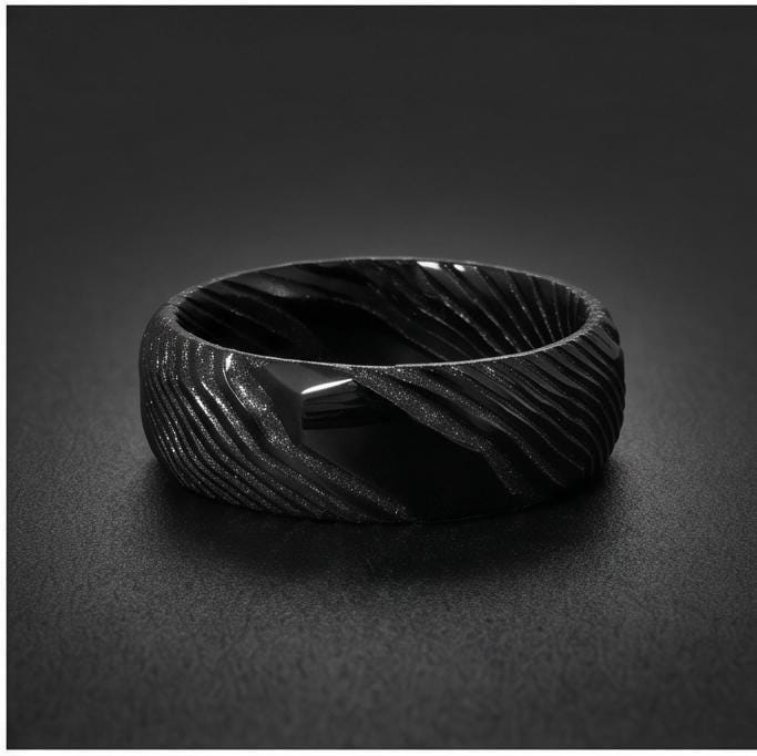 Hammered Black Damascus Ring for Men | Wavy Pattern Statement Ring ~ Mens Black Wedding Band ~ Hammered Black Ring ~ Festival