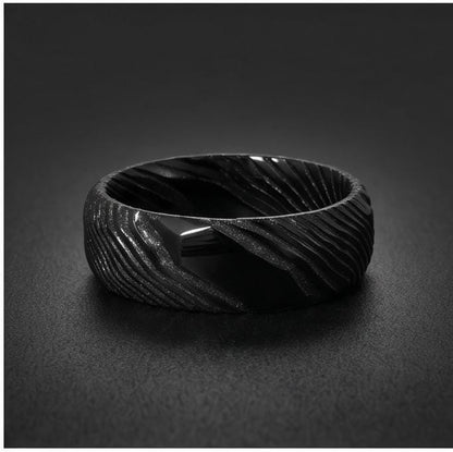 Hammered Black Damascus Ring for Men | Wavy Pattern Statement Ring ~ Mens Black Wedding Band ~ Hammered Black Ring ~ Festival