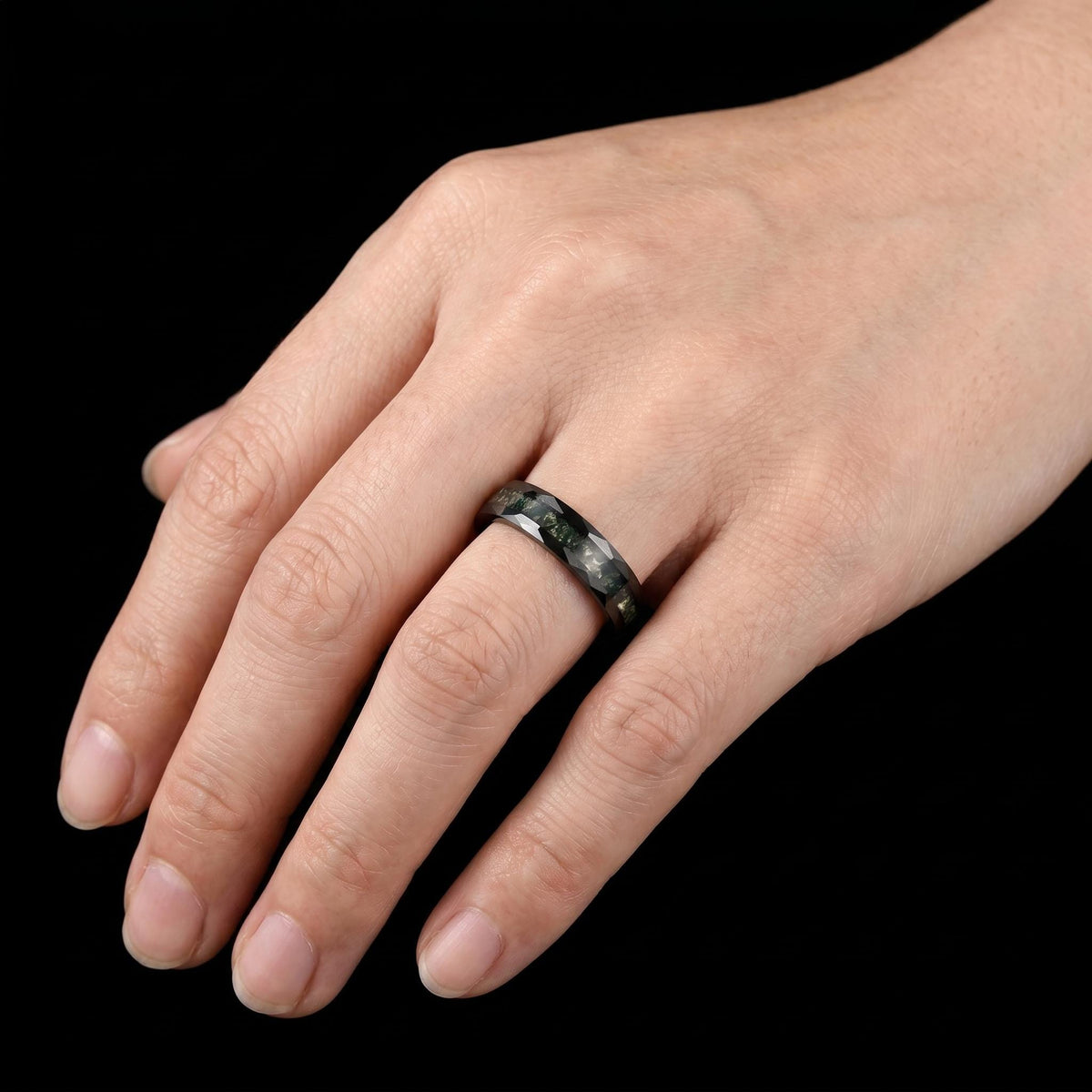 Moss Agate Ring, Hammered Tungsten Ring, Hammered Black Ring, Black Tungsten Ring, Black Wedding Ring, Mens Wedding Band, Wom