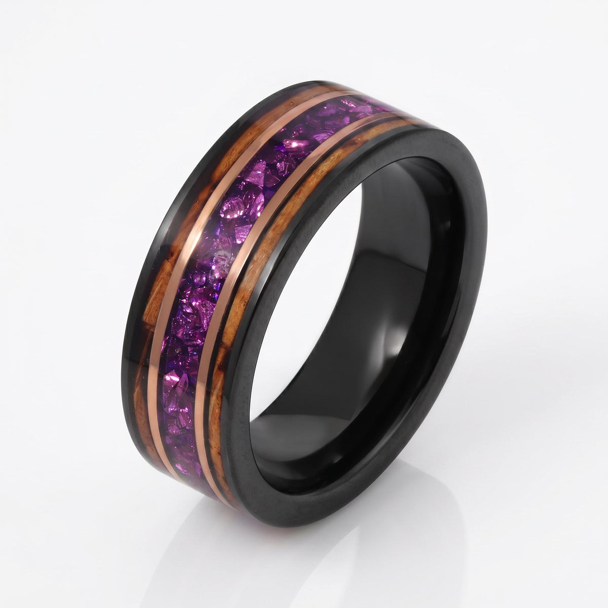 Black Amethyst Ring with Charred Whiskey Barrel ~ Rose Gold Strip Wedding Band ~ Nature Inspired Ring ~ Amethyst Wedding Band