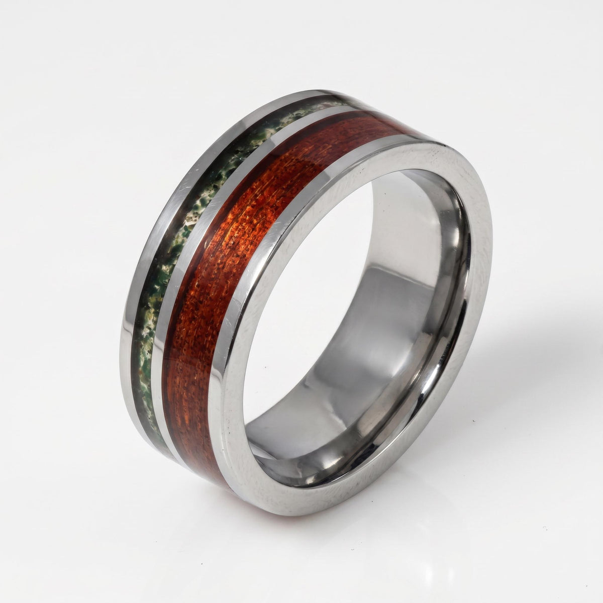 Men Silver Tungsten Carbide Ring with Moss Agate & Koa Wood ~ Anniversary Promise Gift for Him ~ Modern Burning Man Jewelry ~