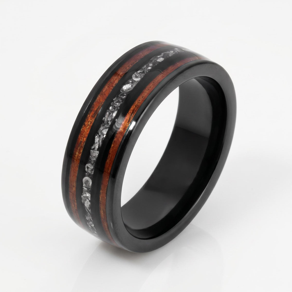 Mens Meteorite Wedding Band ~ Mens Koa Wood Ring ~ Tungsten Carbide Wedding Ring ~ Anniversary Ring 8mm Thick ~ Black Hammere