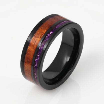 Black Tungsten Ring with Amethyst and Hawaiian Koa Wood Inlay (8mm Band) ~ Scratch Resistant Tungsten Carbide Ring ~ Unique B