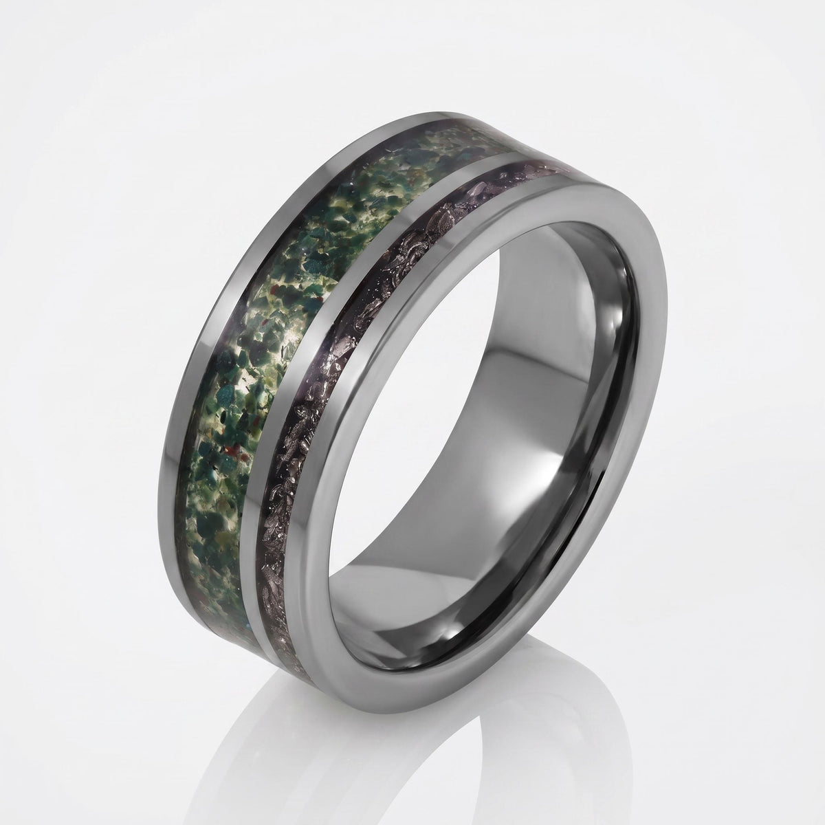 Moss Agate Ring with Meteorite, Meteorite Ring, Silver Tungsten Ring, Silver Wedding Ring, Mens Wedding Band, Mens Ring, Anni
