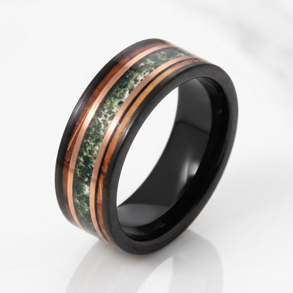 Moss Agate Ring, Charred Whiskey Barrel Ring, Black Tungsten Ring, Black Wedding Ring, Mens Wedding Band, Mens Ring, Annivers