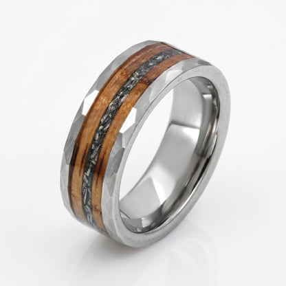 Charred Whiskey Barrel & Meteorite Ring, Hammered Silver Tungsten Ring, Silver Wedding Ring, Mens Wedding Band, Mens Ring, An